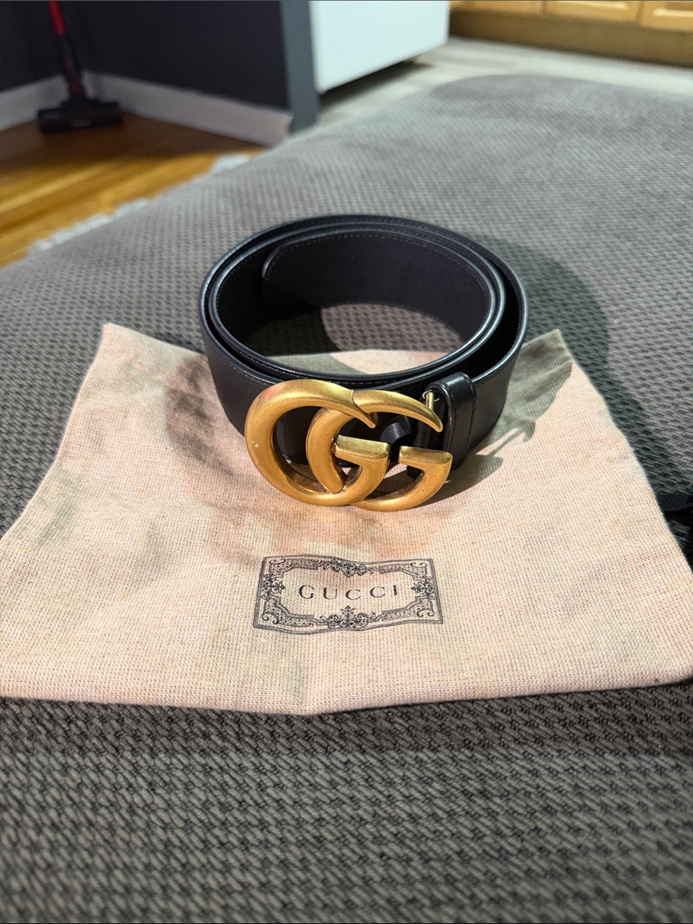 Gucci Black Leather Belt with Gold Interlocking GG Buckle